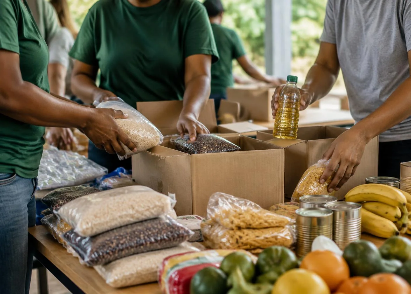 Voluntários organizando alimentos para doação