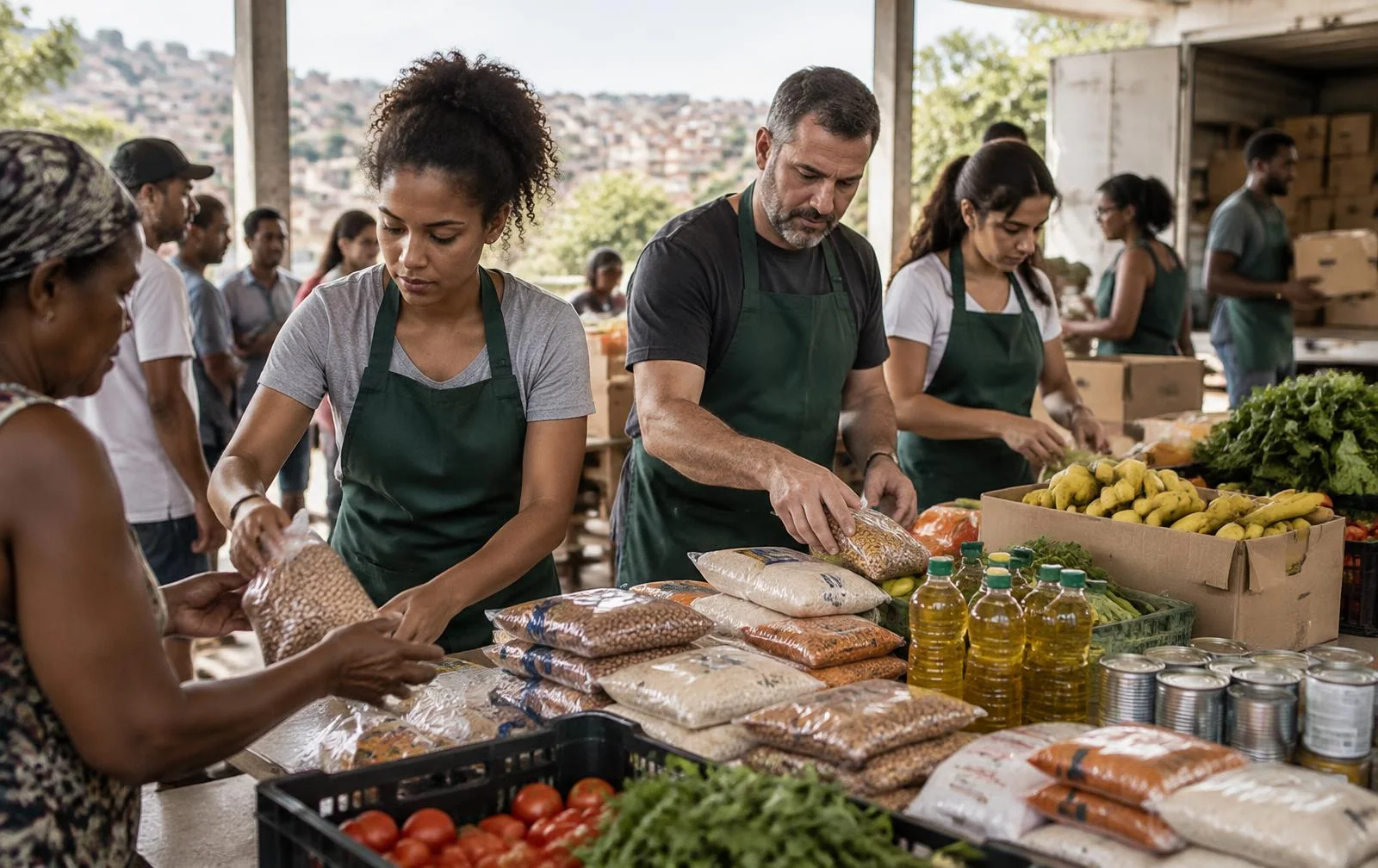 Voluntários organizando alimentos com cuidado e colaboração